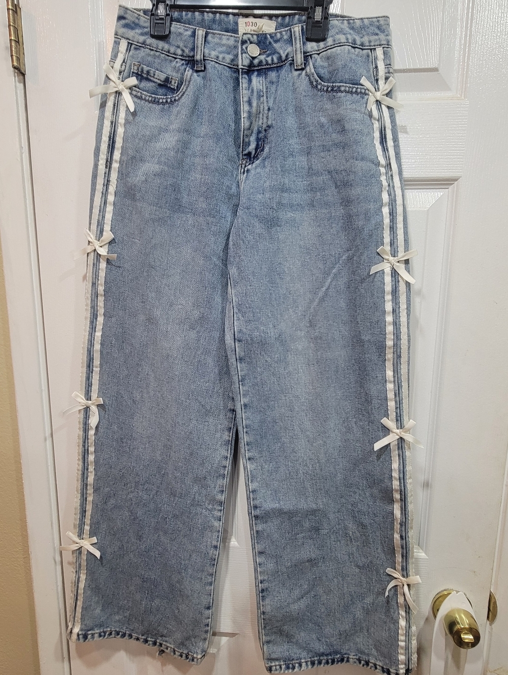 Light Wash Flare Jeans with Cream Ribbon Side Trim, Size 1/25